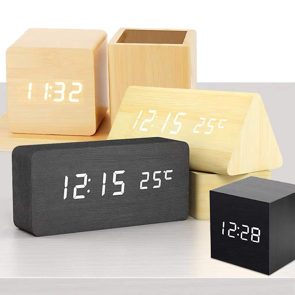 【Ready Stock】Jam Kayu / Jam Meja Kayu Digital Led / Digital Jam Led / Jam Estetik + SUHU / ESTETIK JAM WEKER / Jam Meja Digital Led Motif Kayu - Wooden Table Clock Voice Control