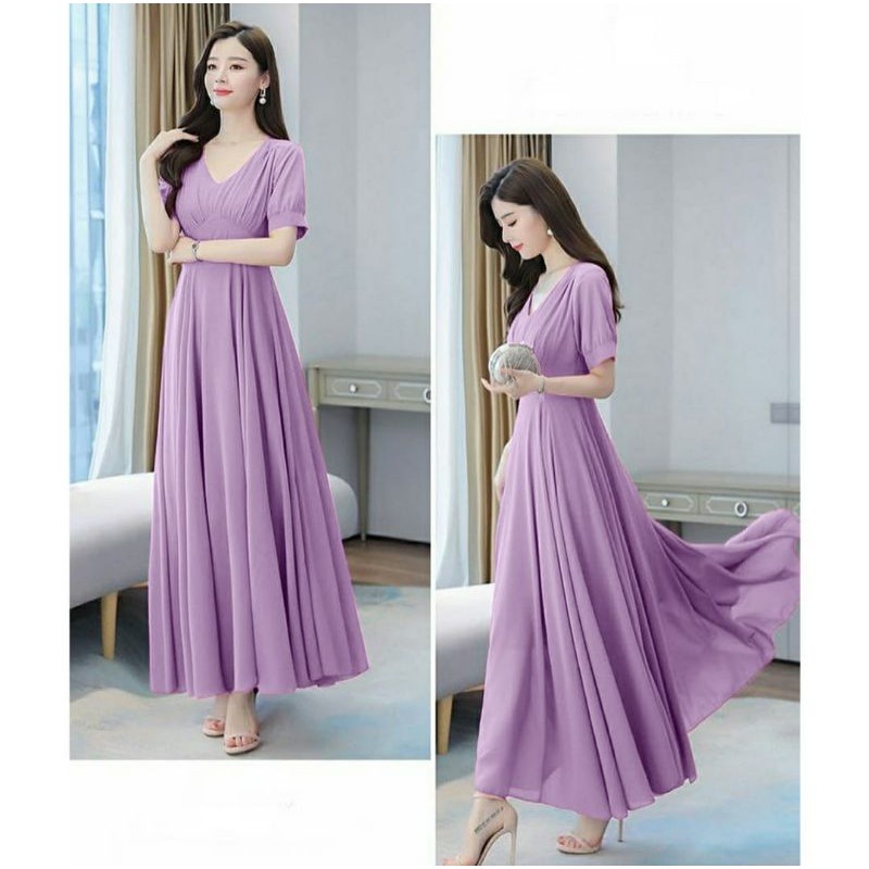DRESS SANDRA Casual long dres panjang Maxi maxy polos ungu Lilac basic hits murah