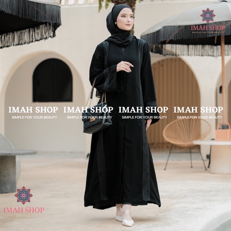 ABAYA FATIMAH LIST HITAM POLOS EXCLUSIVE DUBAI ARAB TURKEY KEKINIAN By Imah Shop