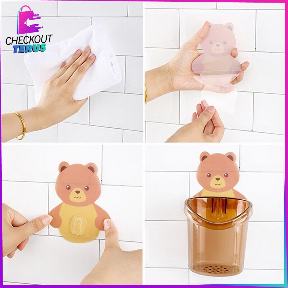 CT C452 Rak Tempel Tempat Sikat Gigi Serbaguna Motif Beruang Toothpaste Holder Rak Kamar Mandi Model Tempel Karakter Bear