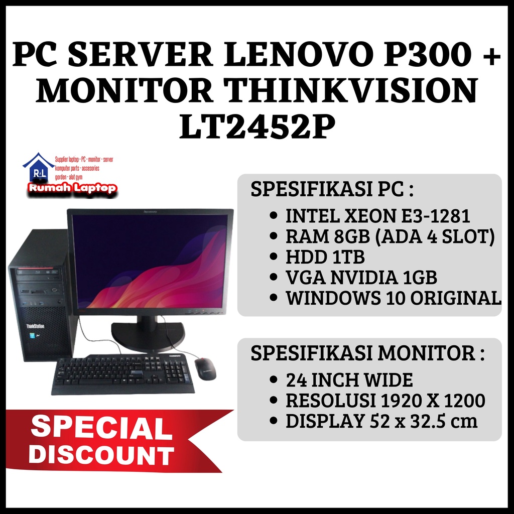 PAKET PC SERVER LENOVO THINKSTATION P300 INTEL XEON E3-1281 RAM 8GB HDD 1TB VGA NVIDIA 1GB + MONITOR