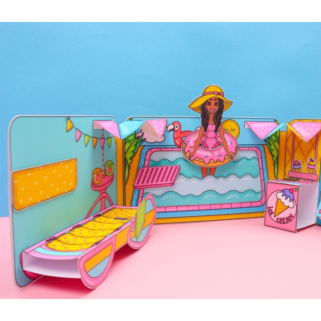 Swimming  pool paper doll house. Girl activity  book