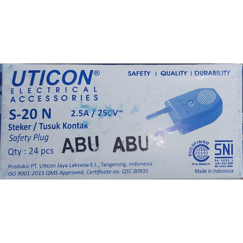 Steker Gepeng UTICON S 20 N/ Tusuk Kontak/ Safety Plug/ Colokan Gepeng Uticon S-20N