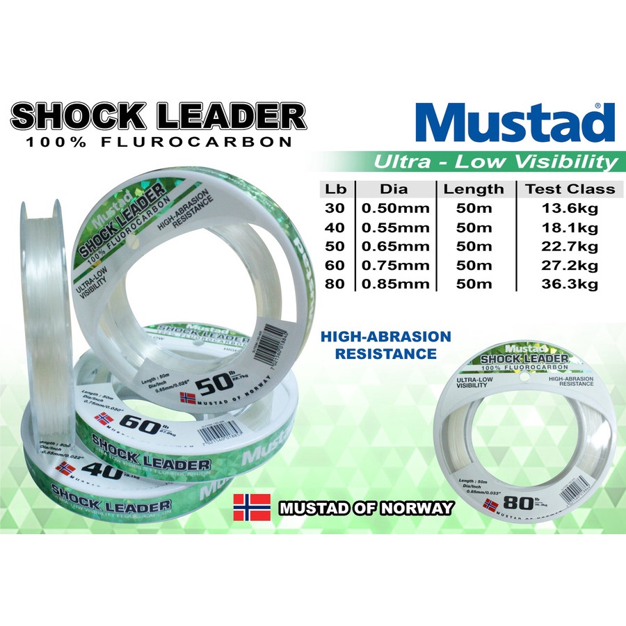 Mustad Shock Leader 100% Fluorocarbon 50M | 30 40 50 60 80Lb - Senar Pancing Laut Leader Terbaik Mur