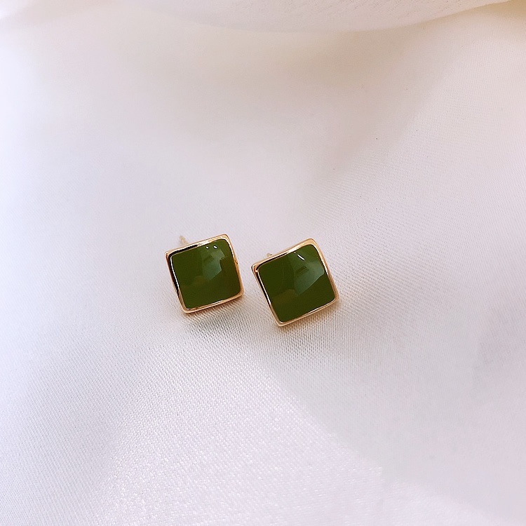 Anting Tusuk Sterling Silver 925 Bentuk Persegi Kecil Warna Hijau Gaya Korea Untuk Wanita