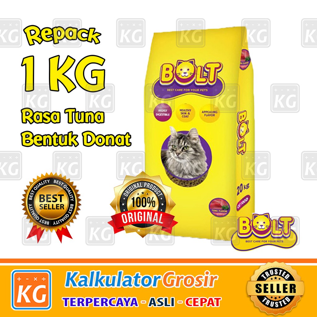 Makanan Kucing Bolt - Catfood Bolt Repack 1 Kg Rasa Tuna / Salmon Bentuk Ikan / Donat 1KG Kering