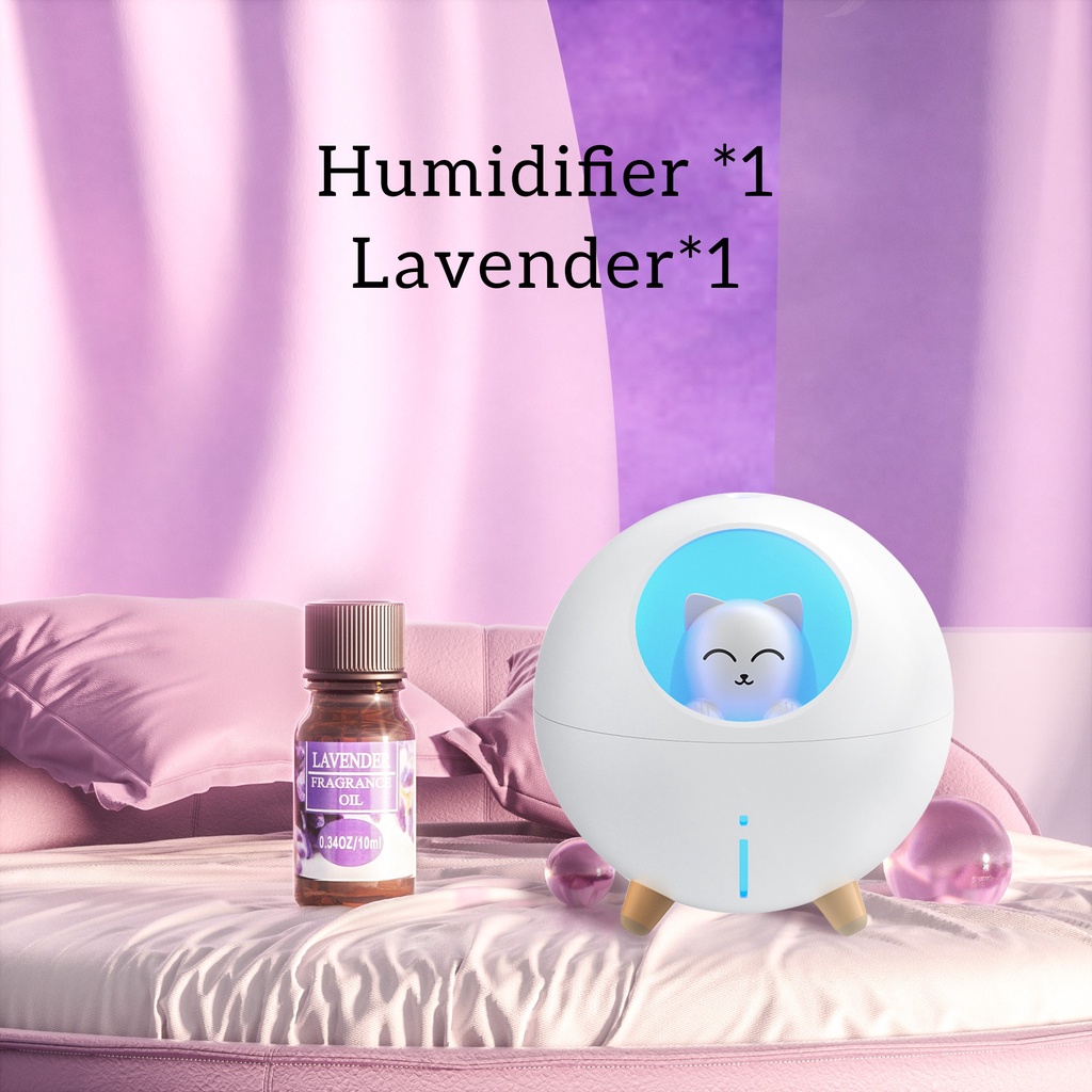 [endear]100% ORI anak kucing Humidifier 220ML Essential Oil Diffuser Aroma Terapi Pengharum Ruangan-White *1+OIL*1