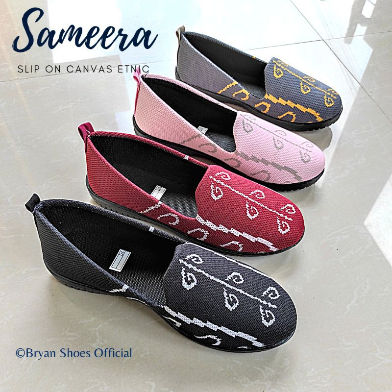 Bryan Sameera Slip on Canvas rajut Motif Etnik Sepatu wanita motif Toraja Maroon Hitam Abu Pink