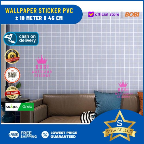 Wallpaper Sticker Kotak Putih Hijau Keabuan 6102-3 / Wallpaper Sticker Murah &amp; Berkualitas / 9mx45cm