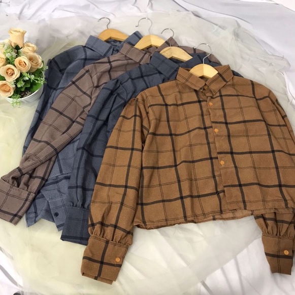 READY STOCK KEMEJA CROP TARTAN OUTER || CROP TARTAN SHIRT || OVERSIZE CROP TARTAN || KEMEJA CROP LENGAN PANJANG-6