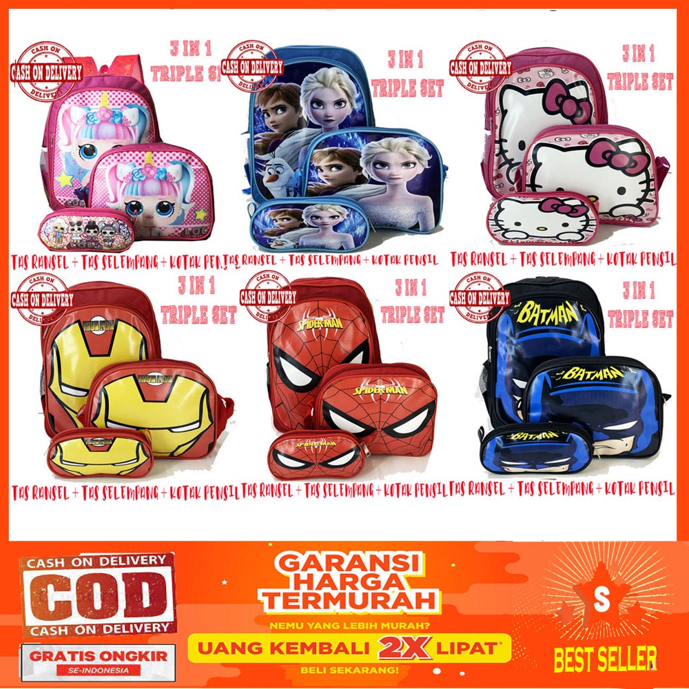 COD ~ 3IN1 Tas Ransel + Lunch Bag + Kotak pensil / Tas Sekolah anak 3in1 KARAKTER tas anak cowo cewe  TAS RANSEL sekolah tas import tas sekolah anak tas lunch bag tas kotak pensil / Tas Beranak / kado anak helo kity spiderman ironman LOL frozen batman