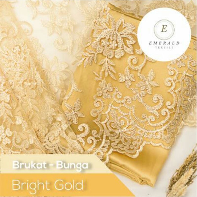 SETENGAH METER Kain Brokat Tile Prancis Bahan Kebaya Motif Bunga - Bright Gold / Light Gold ( HARGA PER 50cm KAIN )