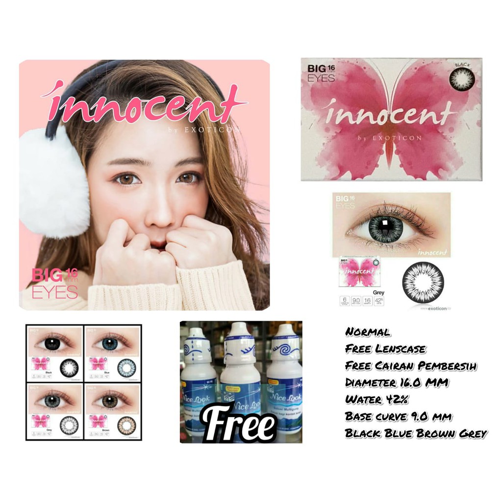 BEST SELLER PAKET NICELOOK SOFTLENS INNOCENT NORMAL BIG EYES 16MM, FREE CAIRAN NICE LOOK 60ML, FREE LENCASE, SOFLEN SOFLENS SOFTLEN COD LENSA BY X2 EXOTICON