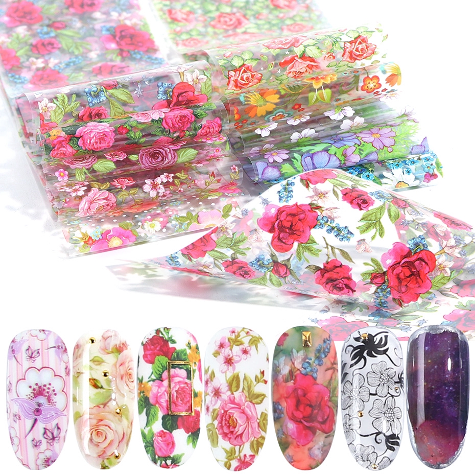 10 Lembar Stiker Kertas Foil Motif Bunga Mawar Campur Transfer Air Untuk Dekorasi Nail Art/Manicure