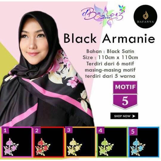 HIJAB SEGIEMPAT BLACK ARMANIE SATIN MOTIF 5 BY DAFANYA - JILBAB MURAH