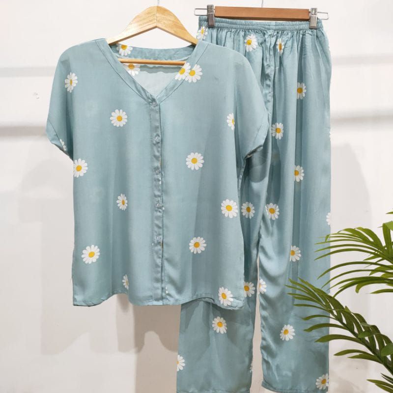 PIYAMA KANCING HITS NON KERAH/V-NECK PIYAMA KANCING BUSUI | PIYAMA RAYON | HOMEWEAR-NK AAF