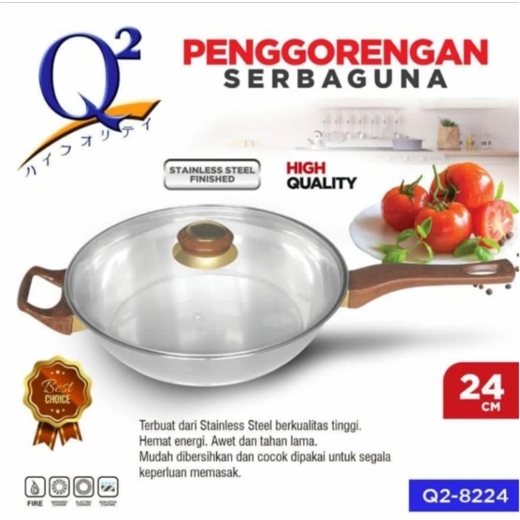 Panci Frypan - Fry Pan Penggorengan Stainless Anti Lengket + Tutup Kaca 24 CM Q2 8224