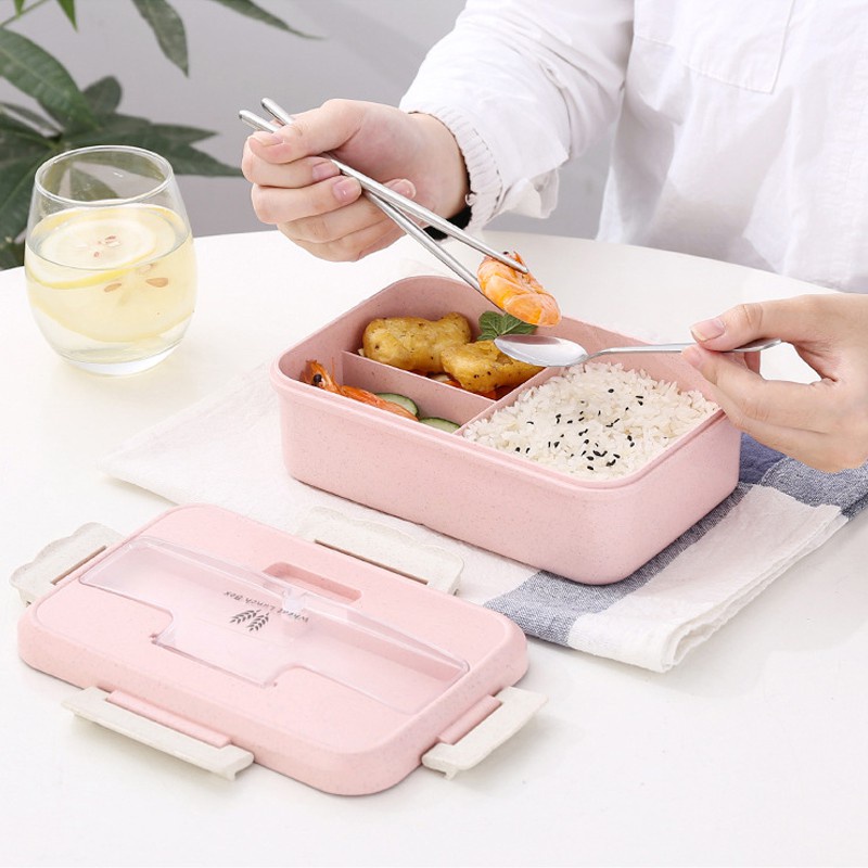 Lunch Box Kotak Bekal Makan Siang Bahan Jerami Pegangan melengkung + Sendok Dan Sumpit