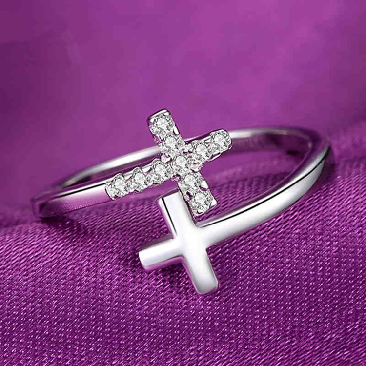 perak asli 925 cincin Wanita Cross Adjustable Cincin Fashion Perhiasan