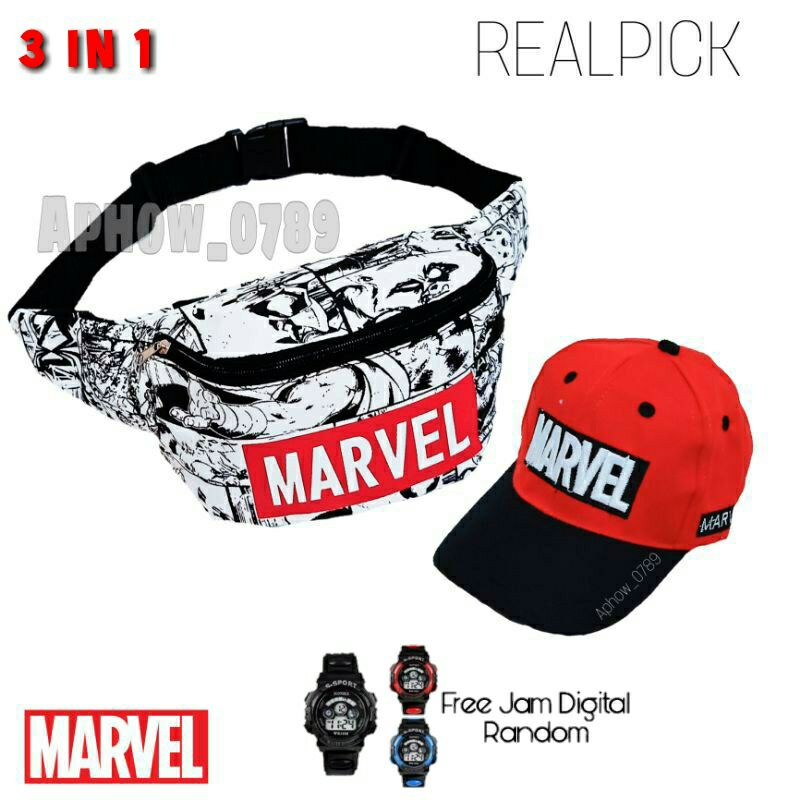 PAKET HEMAT 3IN1 TAS SELEMPANG ANAK TOPI ANAK KARAKTER MARVEL FREE JAM TANGAN DIGITAL WAISTBAG ANAK USIA 2-10 TAHUN TOPI BORDIR