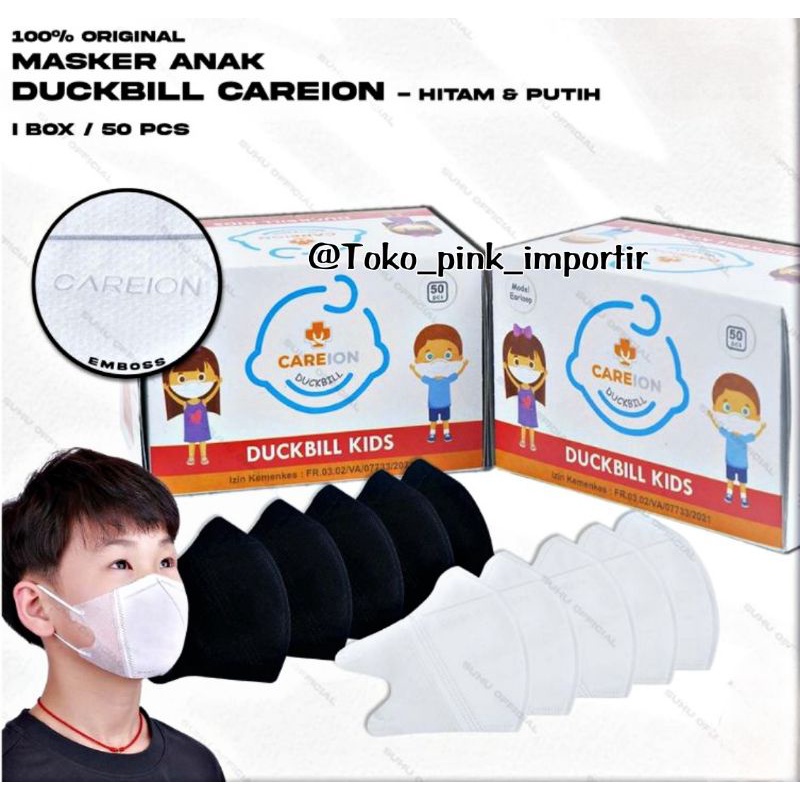 MASKER DUCKBILL ANAK POLOS CAREION HITAM PUTIH BOX ISI 50 | MASKER DUCKBILL ANAK Y&amp;B HITAM PUTIH PACK ISI 50 | MASKER ANAK DUCKBIL CAREION HITAM PUTIH ORIGINAL ISI 50