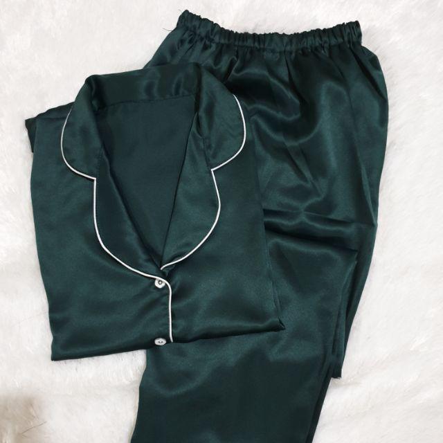 Baju Tidur Piyama Pajamas Wanita/Cewek Satin Silky Velvet Cantik Simple Wanita Dewasa Full Kancing-CP HIJAU BOTOL