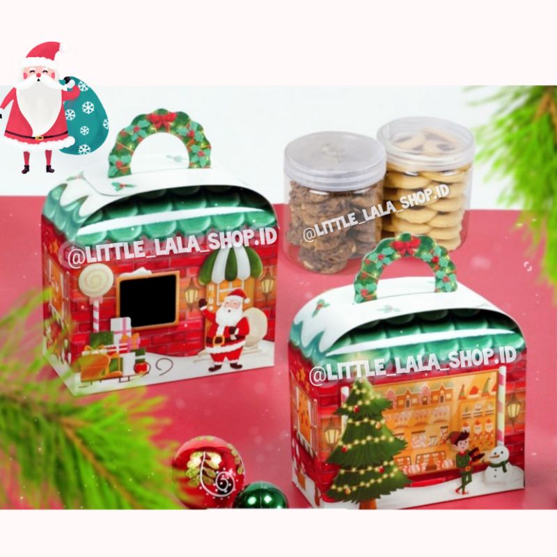 

Kotak Kue Kering Natal/Kotak Hampers Christmas/ giftbox/ gift Box tema Natal / kotak cookies 18.5 x 9.2 x 13.2cm snack paket natal santa clause model tenteng muat 2 toples cookies/model jendela cerobong asap candy house