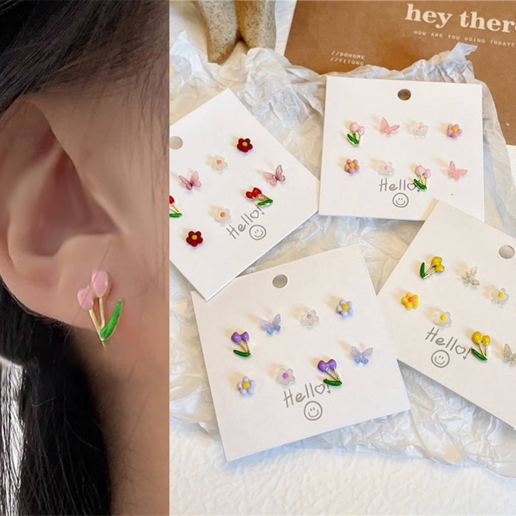 4 Pasang Anting Desain Bunga Tulip Butterfly Warna-Warni Gaya Korea Retro Untuk Wanita