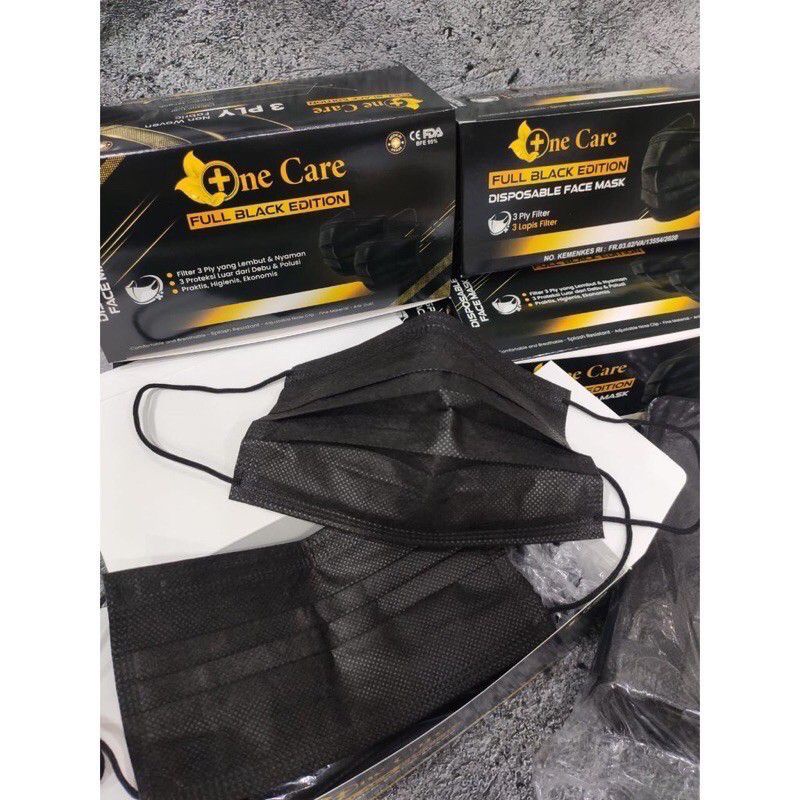 MASKER EARLOP HITAM / ONECARE / EMBOS CHASA| isi 50pcs/box | BOX RANDOM