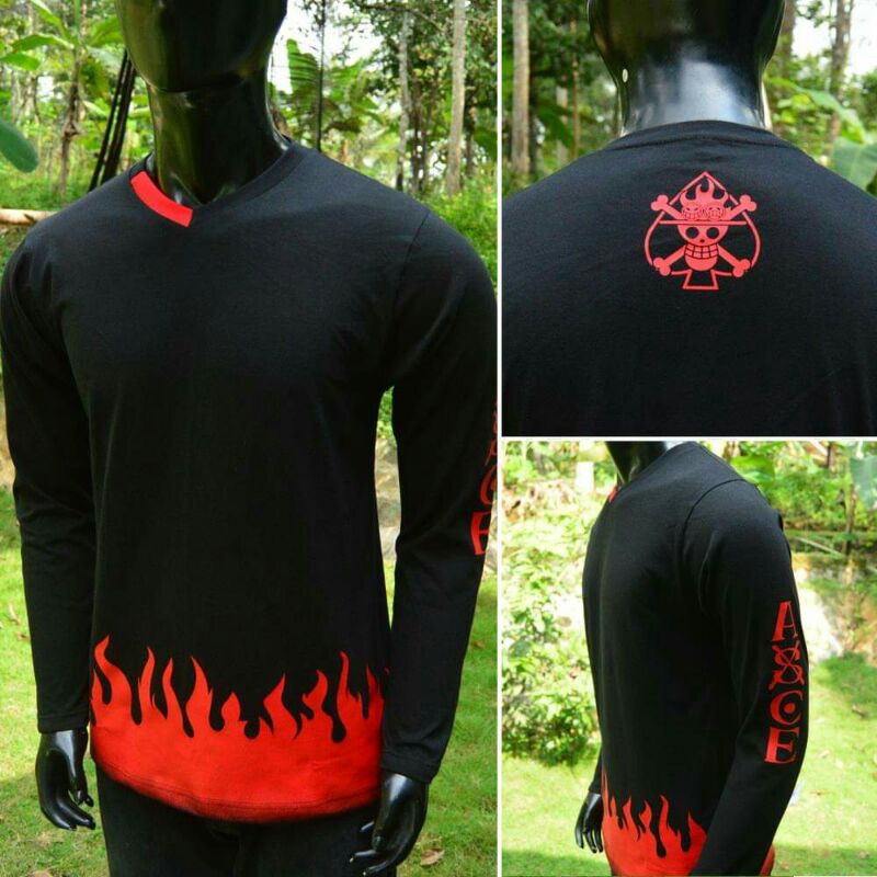 Kaos lengan panjang one piece d ace portgas hitam merah anime api