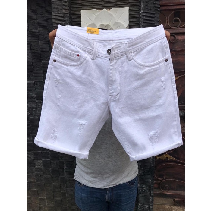 Celana jeans putih Celana pendek jeans putih Celana jeans pria Celana pendek sobek warna putih