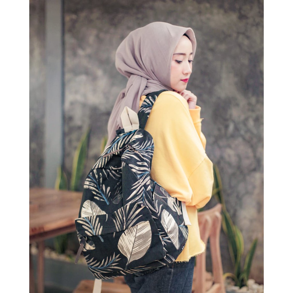 BACKPACK DAUN HITAM // taskanvasbdg - tas kanvas - tas ransel wanita - tas gendong wanita