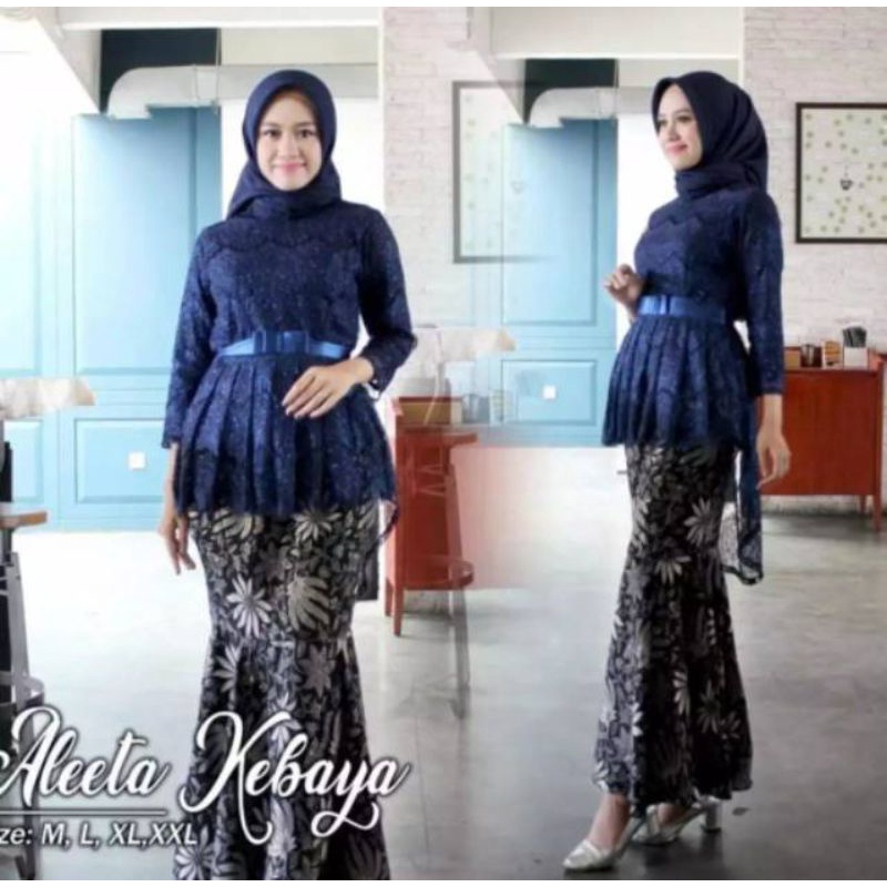 COD Setelan Kebaya Brokat Aurora Model Pingwin panjang belakang Plus Rok Duyung Batik Mermed Setelan