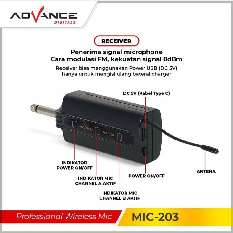 Advance Microphone Mic Double Wireless + Receiver MIC 203