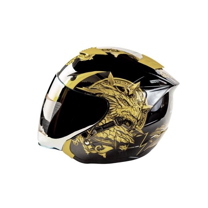 KM7 HELMET DRAGON BLACK GLOSSY GOLD SNI DOUBLE VISOR HALF FACE PREMIUM