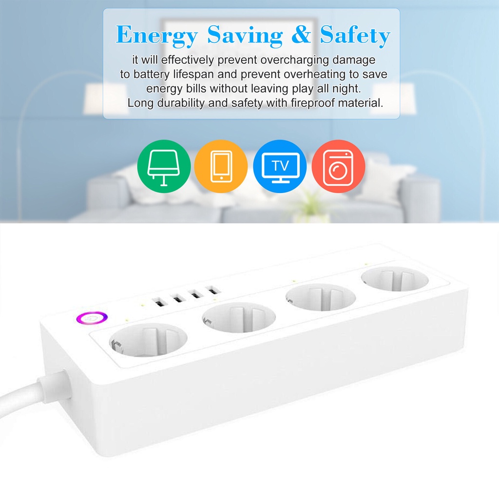 Tuya Smart Power Strip Plug 4 Socket Plug 4 USB Ports Stop kontak