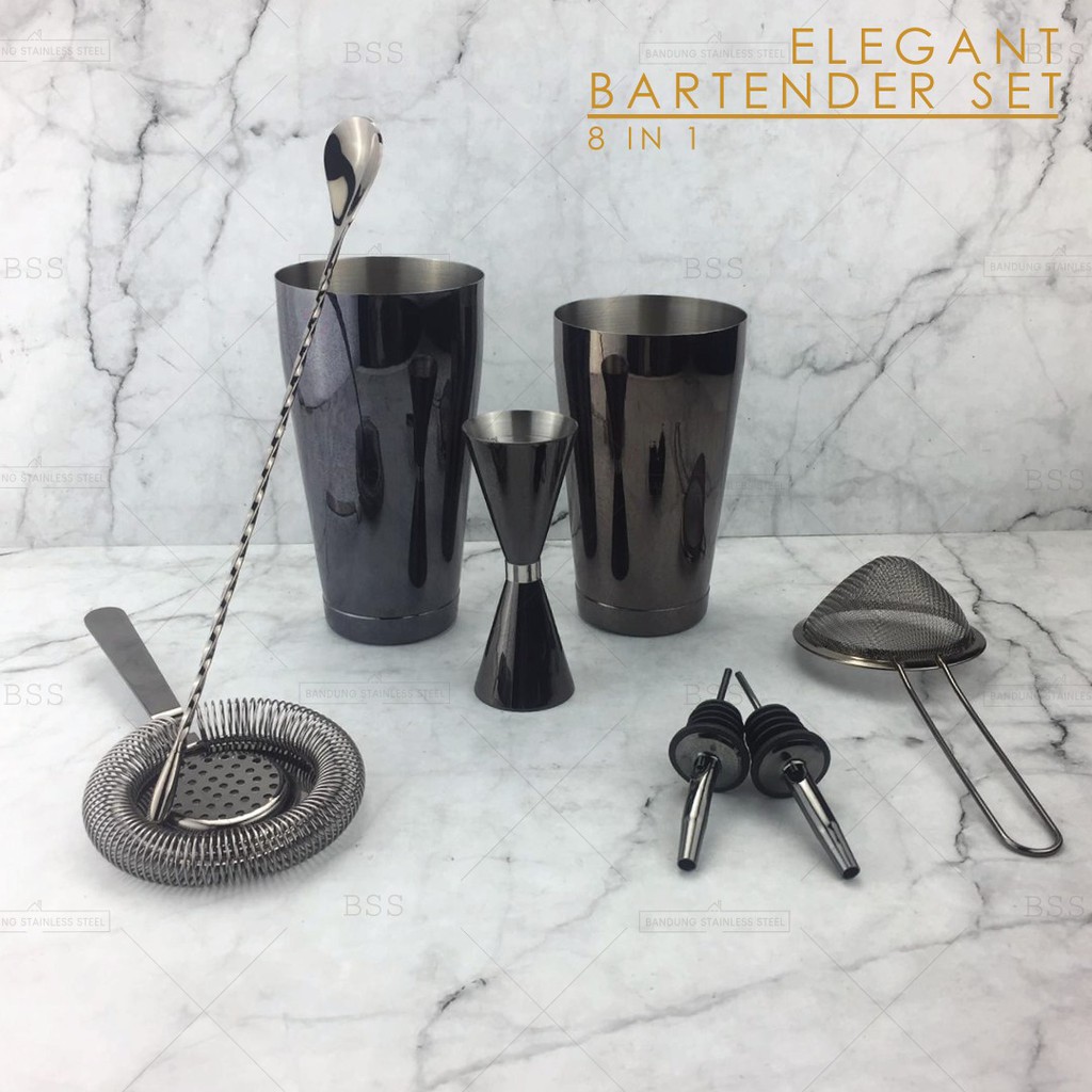 Elegant Bartender Set SUS304 Mewah Gold Rosegold 8 in 1 Shaker Jigger Saringan Pourer Wine Filter