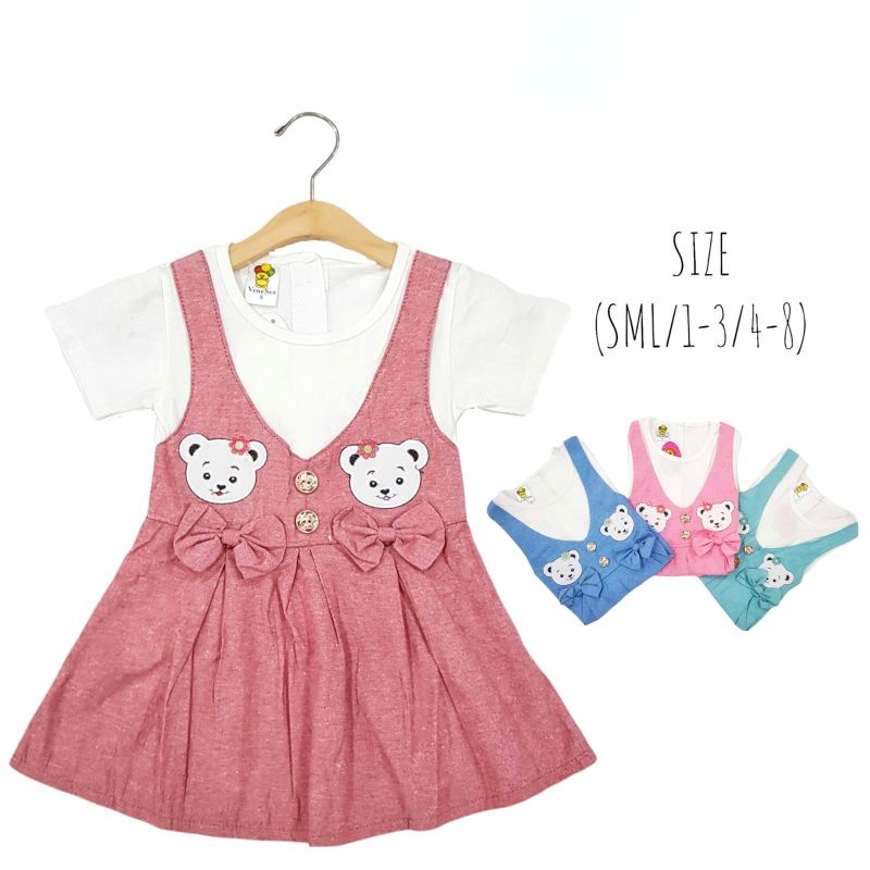 DRESS FASHION ANAK PEREMPUAN MOTIF TWINS BEAR 1-5 TAHUN NEW