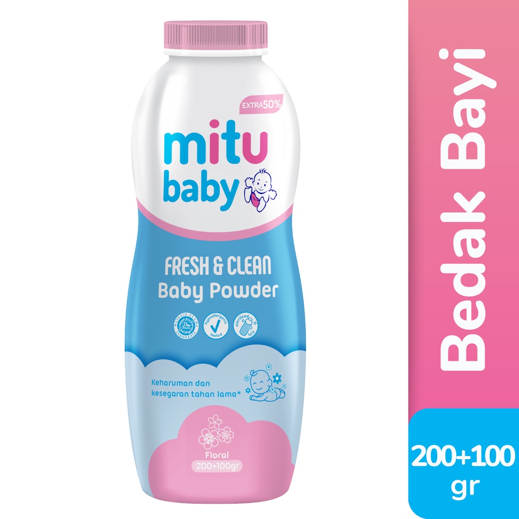 Mitu Baby Powder Fresh &amp; Clean Pink Floral 200 + 100 gr - Bedak Bayi