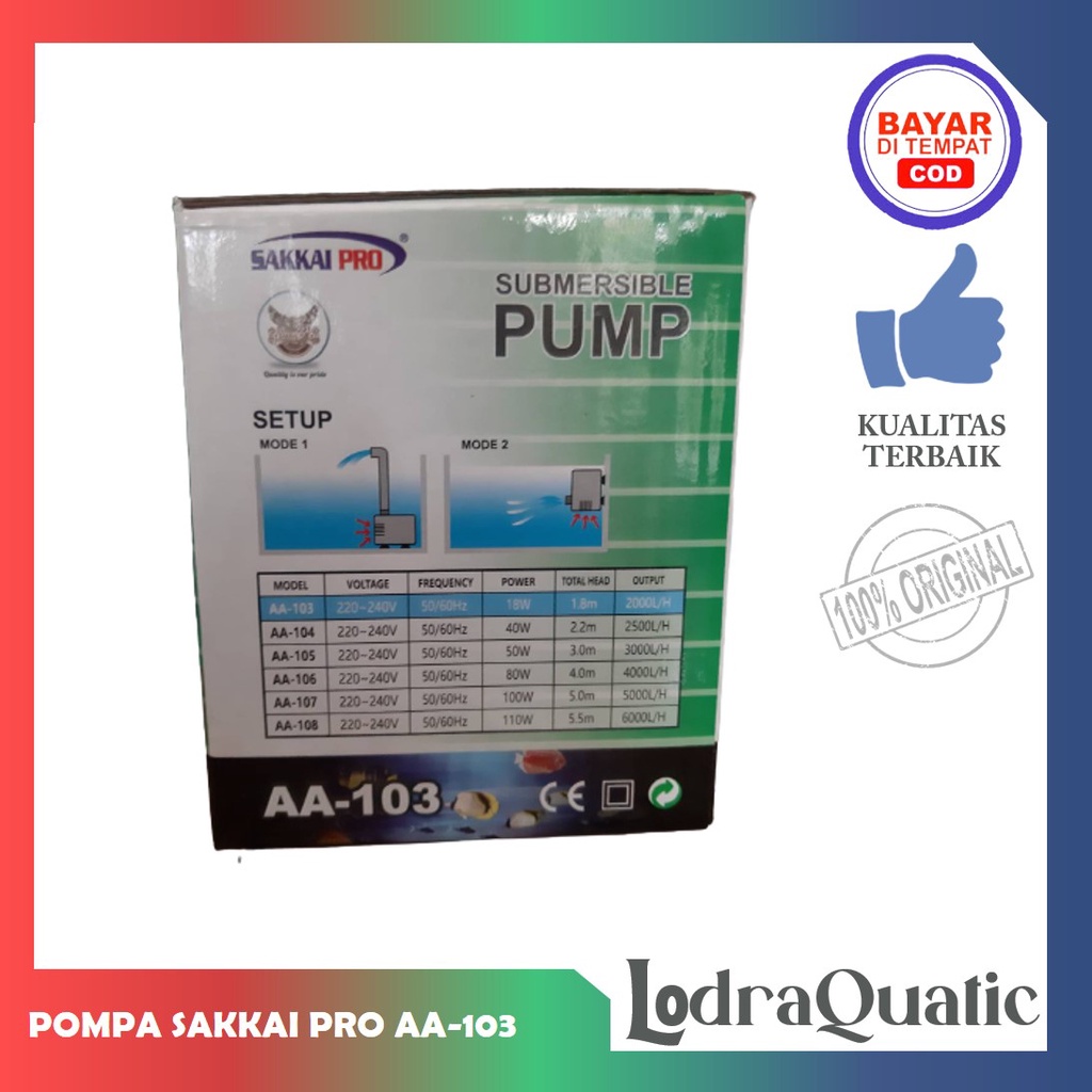 POMPA KOLAM SAKKAI PRO AA 103 POMPA KOLAM IKAN SAKKAI PRO AA 103 NAIK 1,8 METER POMPA 2000 LITER PER JAM POMPA AIR HIDROPONIK POMPA KOLAM KECIL POMPA AQUARIUM BESAR FILTER AQUARIUM FILTER KOLAM IKAN KOI FILTER POMPA AIR LAUT MARINE FILTER IKAN CHANNA