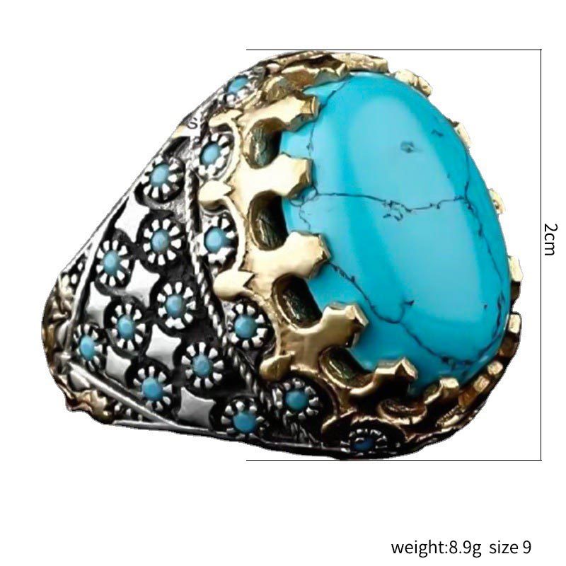 Cincin Batu Turquoise Bentuk Telur Dua Warna Gaya Vintage Untuk Pria