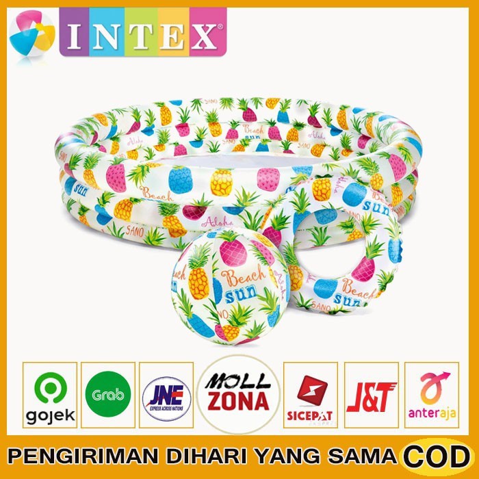 KOLAM RENANG ANAK BAN KARET SET BONUS BOLA DAN BAN PINEAPPLE INTEX 59469