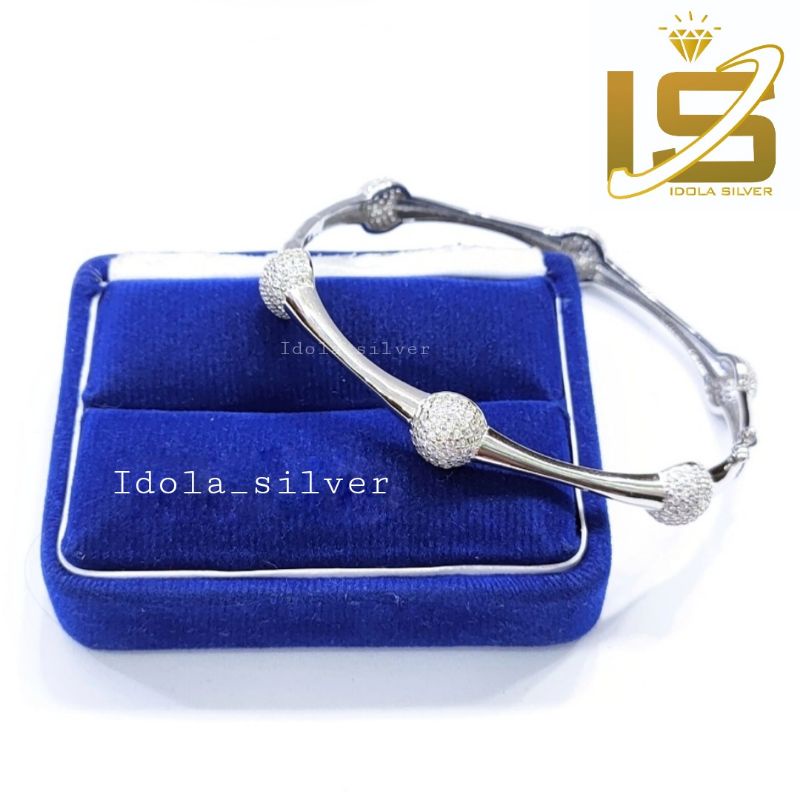 GELANG PERAK ASLI SILVER 925 LAPIS EMAS PUTIH MODEL BANGLE OVAL VARIASI PENTOL PERMATA - PERHIASAN PERAK WANITA