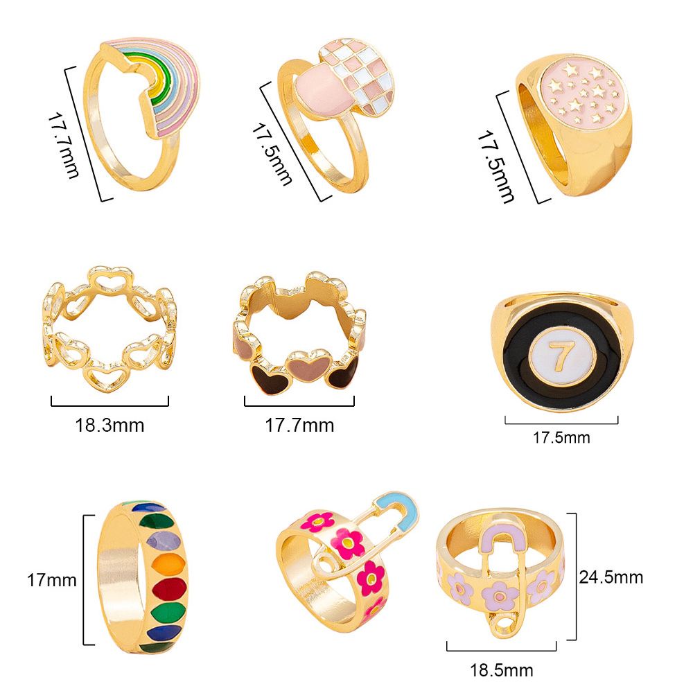 MXBEAUTY New Flower Pin Rings Vintage Fashion Jewelry Finger Rings Love Heart Numer 7 Women Men Sweet Korean Temperament Drip Oil