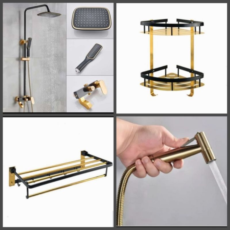 Asesoris Kamar Mandi Black gold / Shower Tiang / Rak Handuk /Rak Sabun