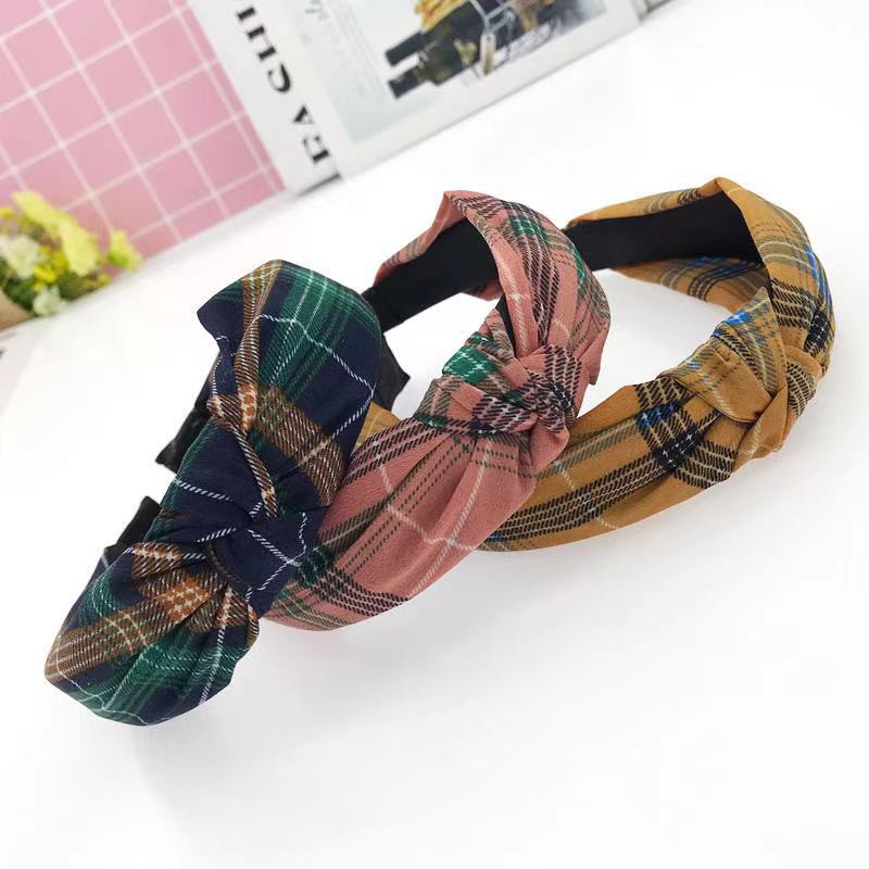 Bando Wanita Ala Korea Style Aksesoris Rambut Fashion Wanita Bandana Motif Kotak-Kotak Simpul Korean