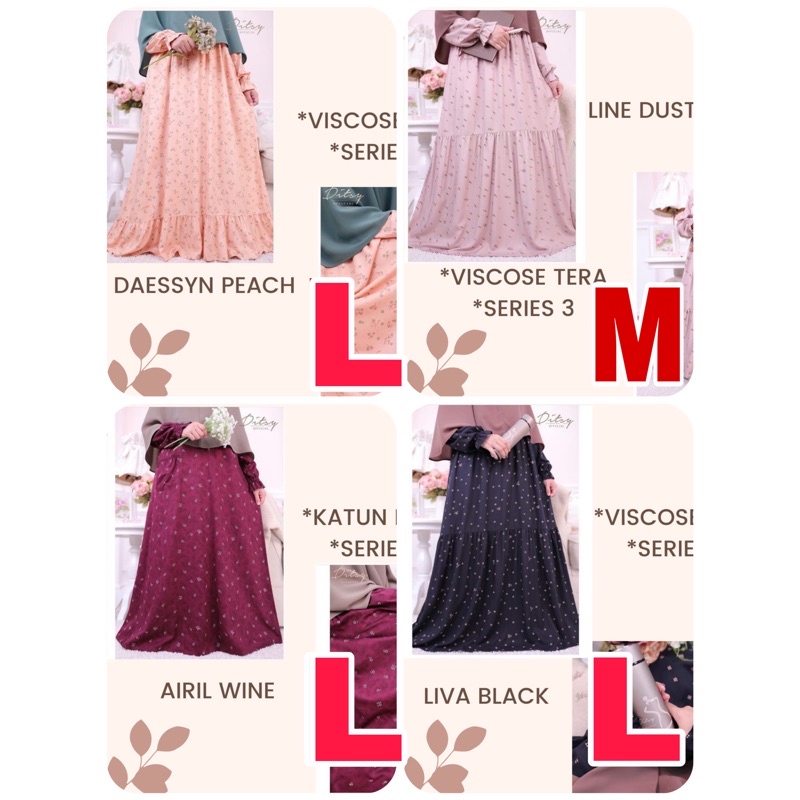 Ditsy April’22 Daessyn Peach size L, Line Dustypink size M, Airil Wine size L, Liva black size L, Le