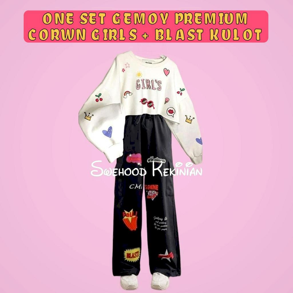 ONE SET CROWN GIRLS + BLAST KULOT  PREMIUM Setelan Set Baju Atasan dan Celana Panjang Wanita Kekinian Fashion Outfit Korean Style Bahan Fleece Tebal