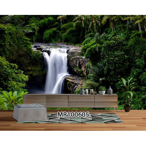 WALLPAPER 3D DINDING PHOTOWALL MURAL MOTIF PEMANDANGAN AIR TERJUN ALAMI HUTAN HIJAU