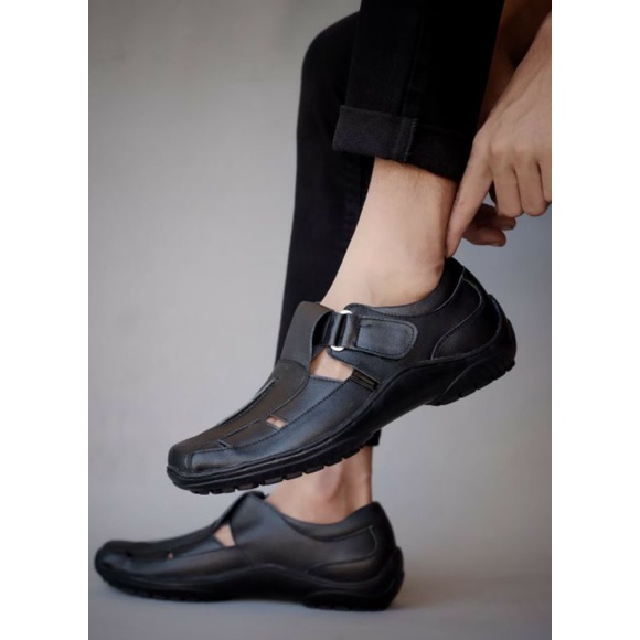 bungkusuku - Sepatu Formal Kulit Asli Slip On Kerja Pria Warna Hitam Selop Casual